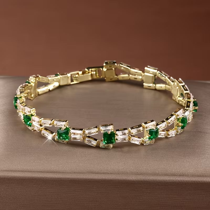 Pulsera Tennis Verde con Eslabones | Dorada