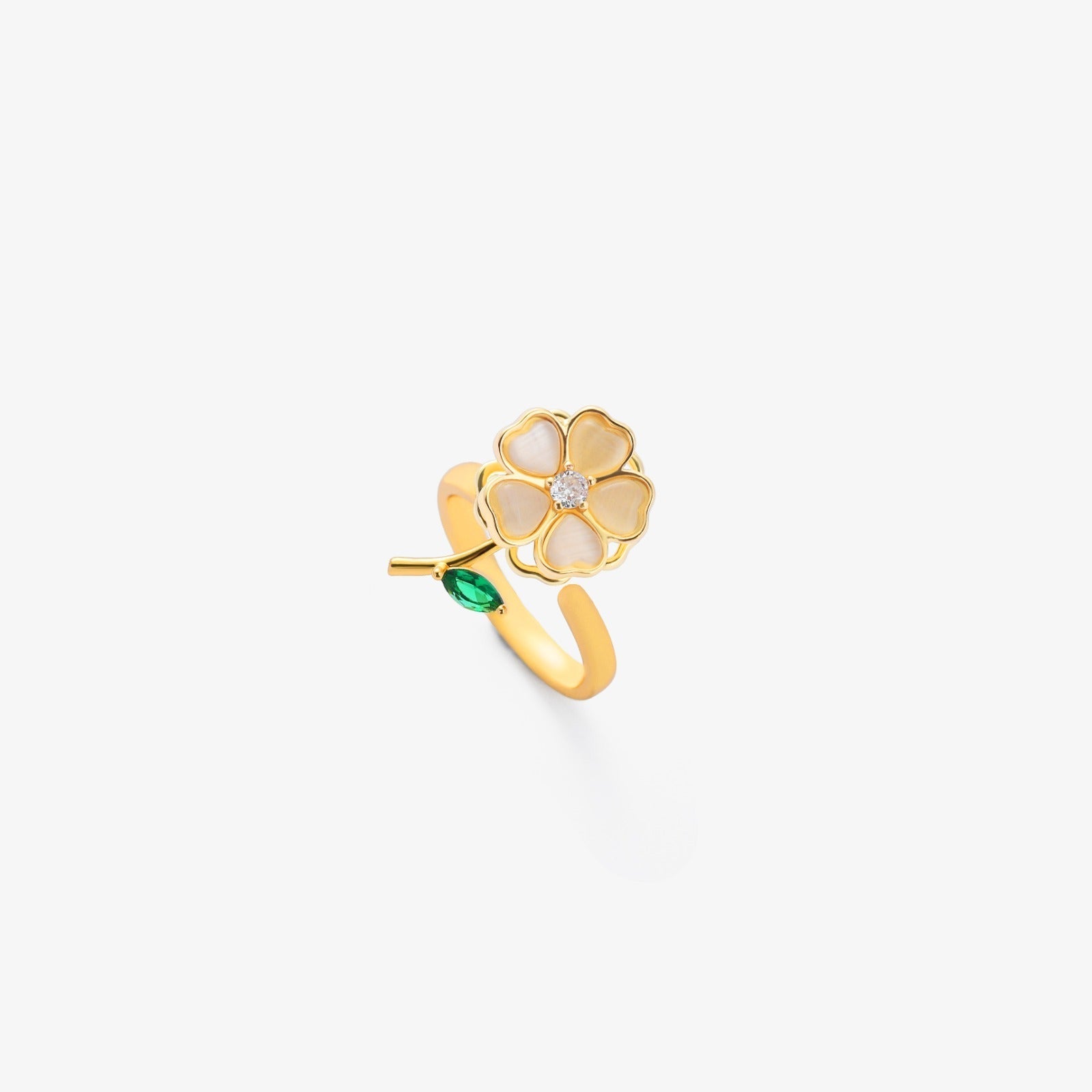 Anillo Giratorio Hoja Flor Esmeralda | Dorado
