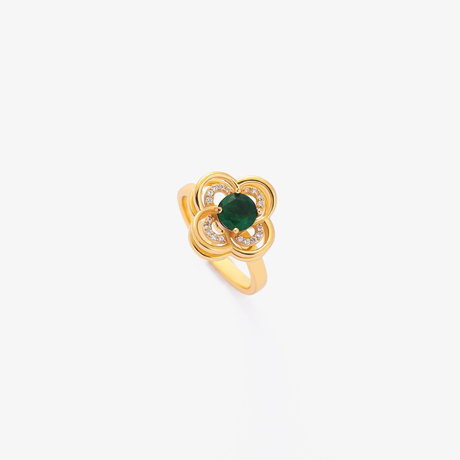 Anillo Giratorio Trébol Halo Esmeralda | Dorado