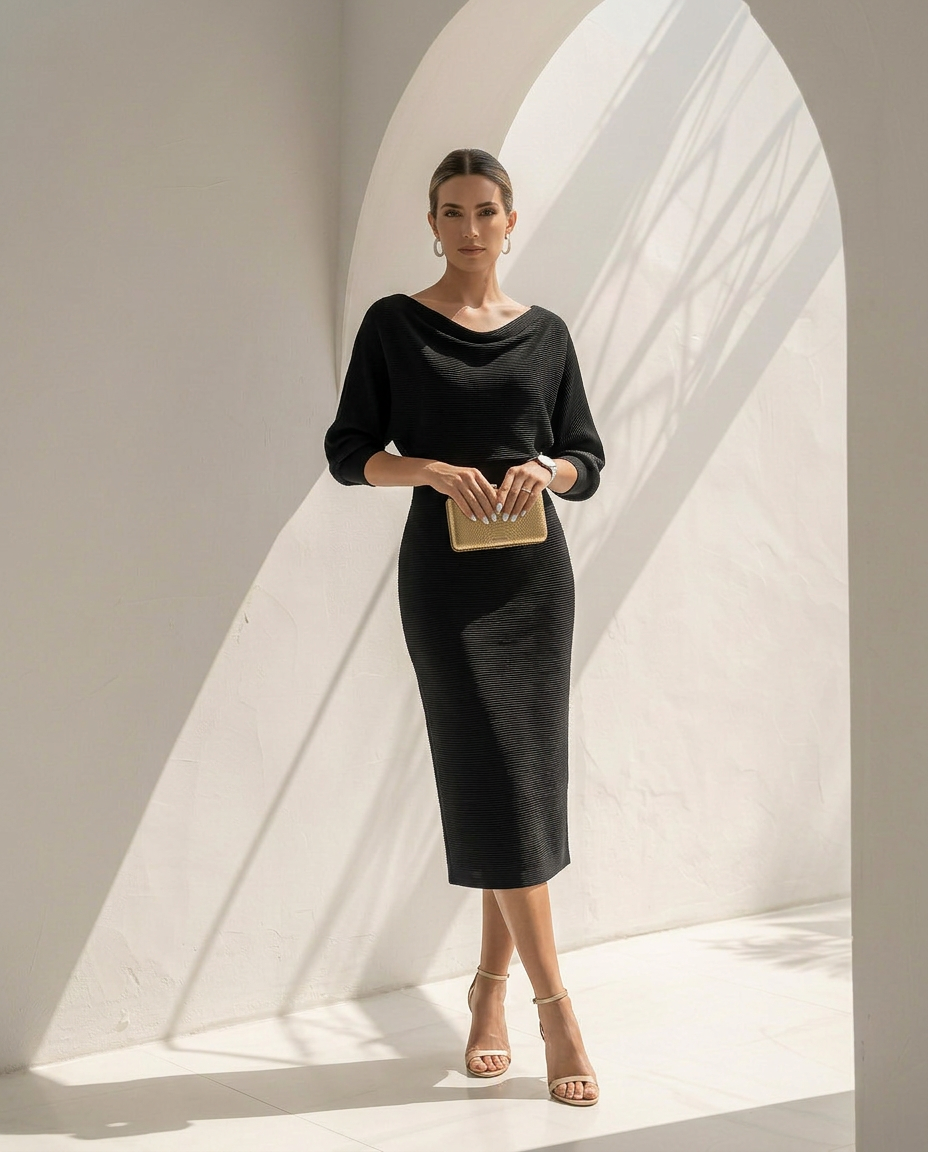 Isolde · Vestido midi drapeado con mangas murciélago