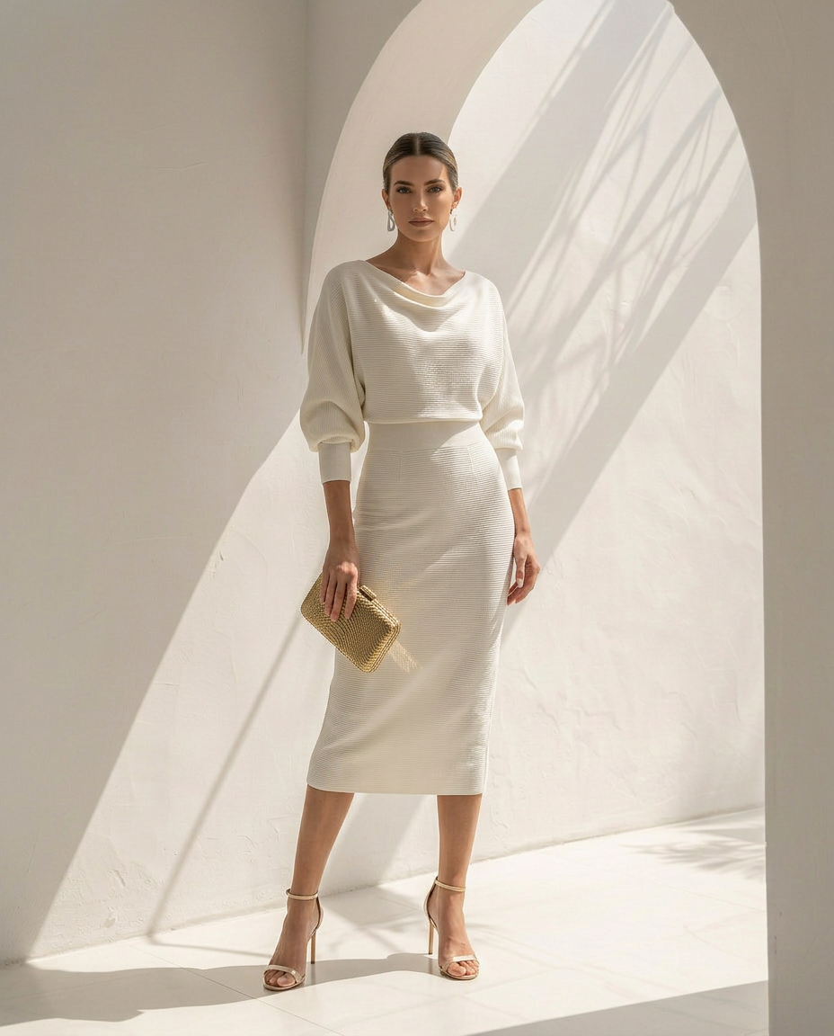 Isolde · Vestido midi drapeado con mangas murciélago