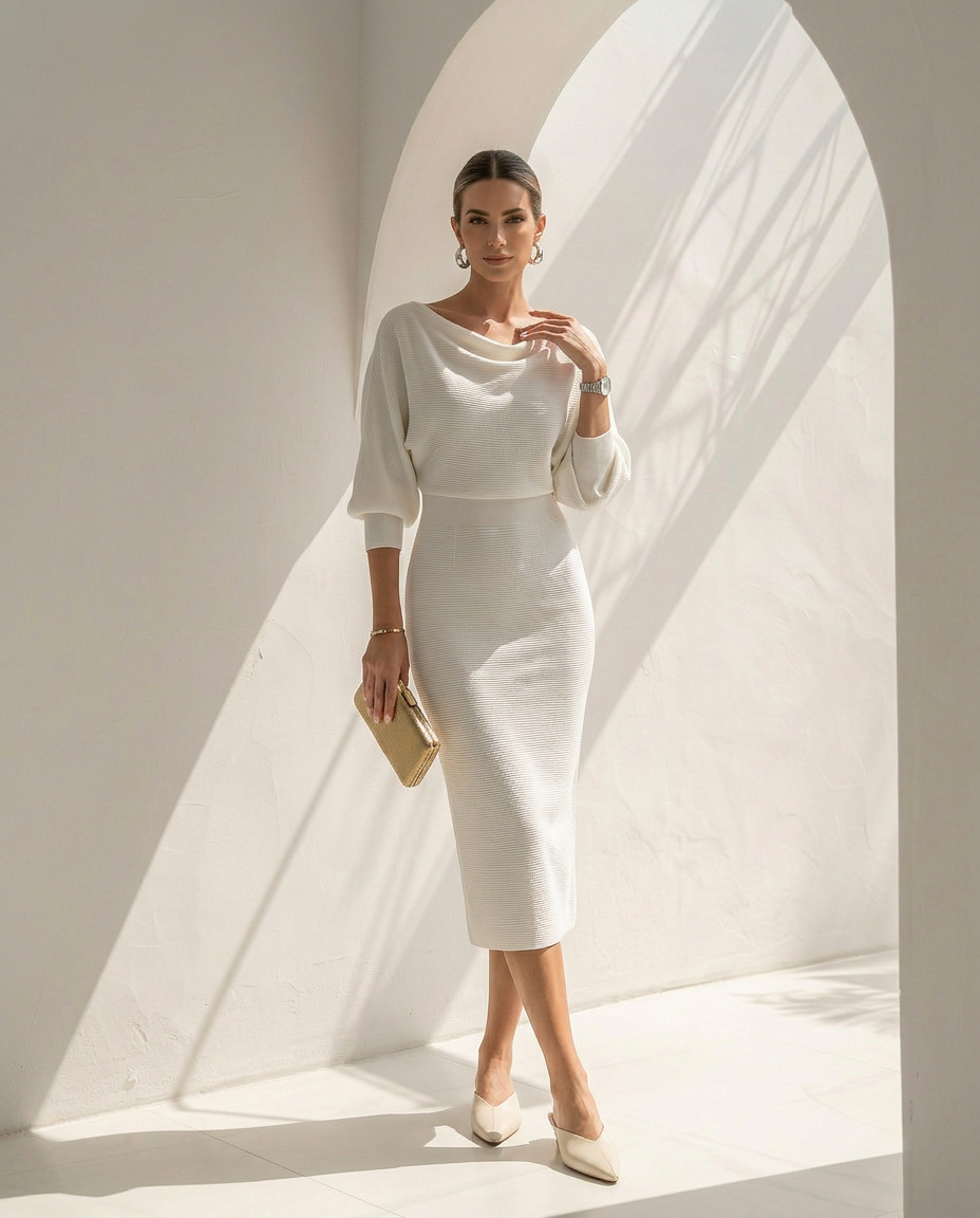 Isolde · Vestido midi drapeado con mangas murciélago