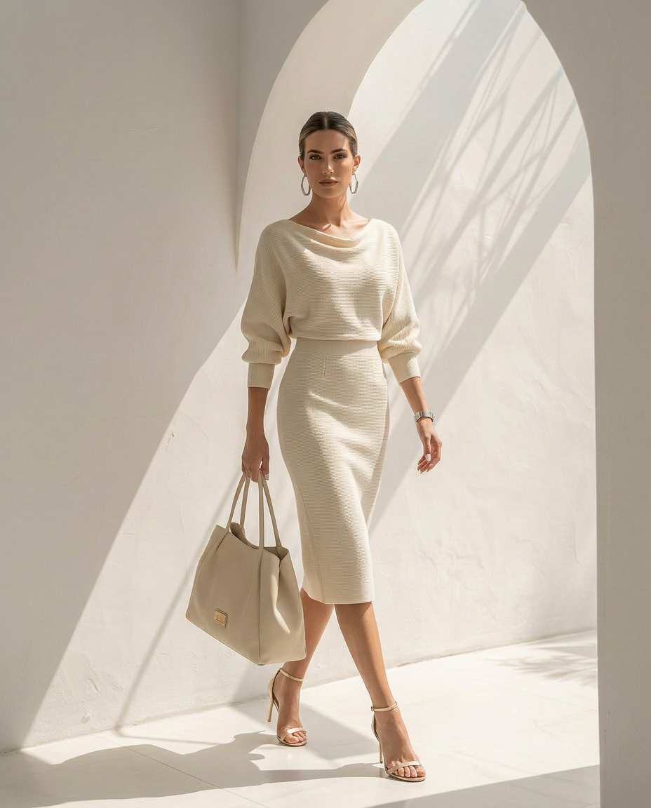 Isolde · Vestido midi drapeado con mangas murciélago