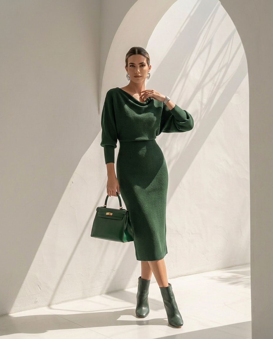 Isolde · Vestido midi drapeado con mangas murciélago