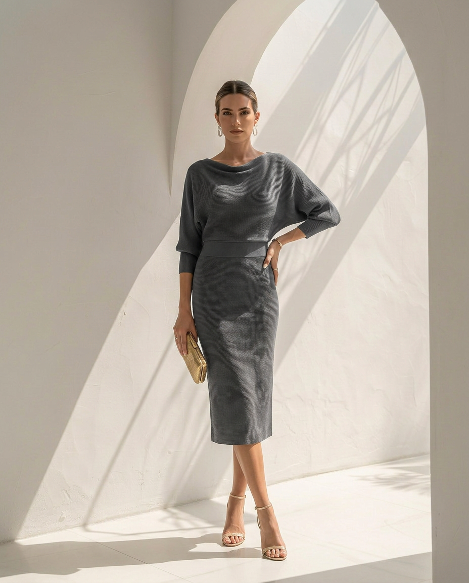 Isolde · Vestido midi drapeado con mangas murciélago