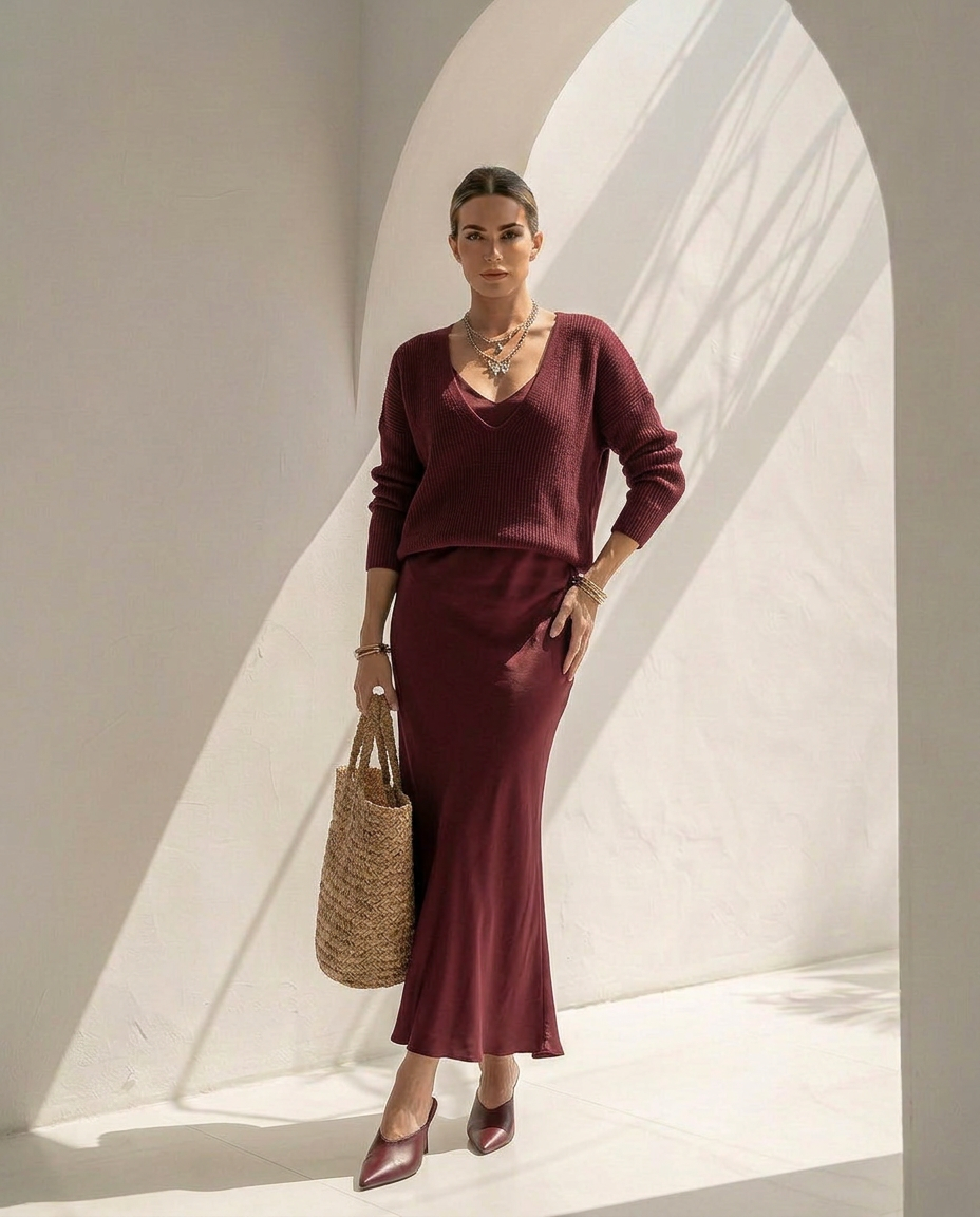 Velaria · Vestido midi de satén con jersey coordinado