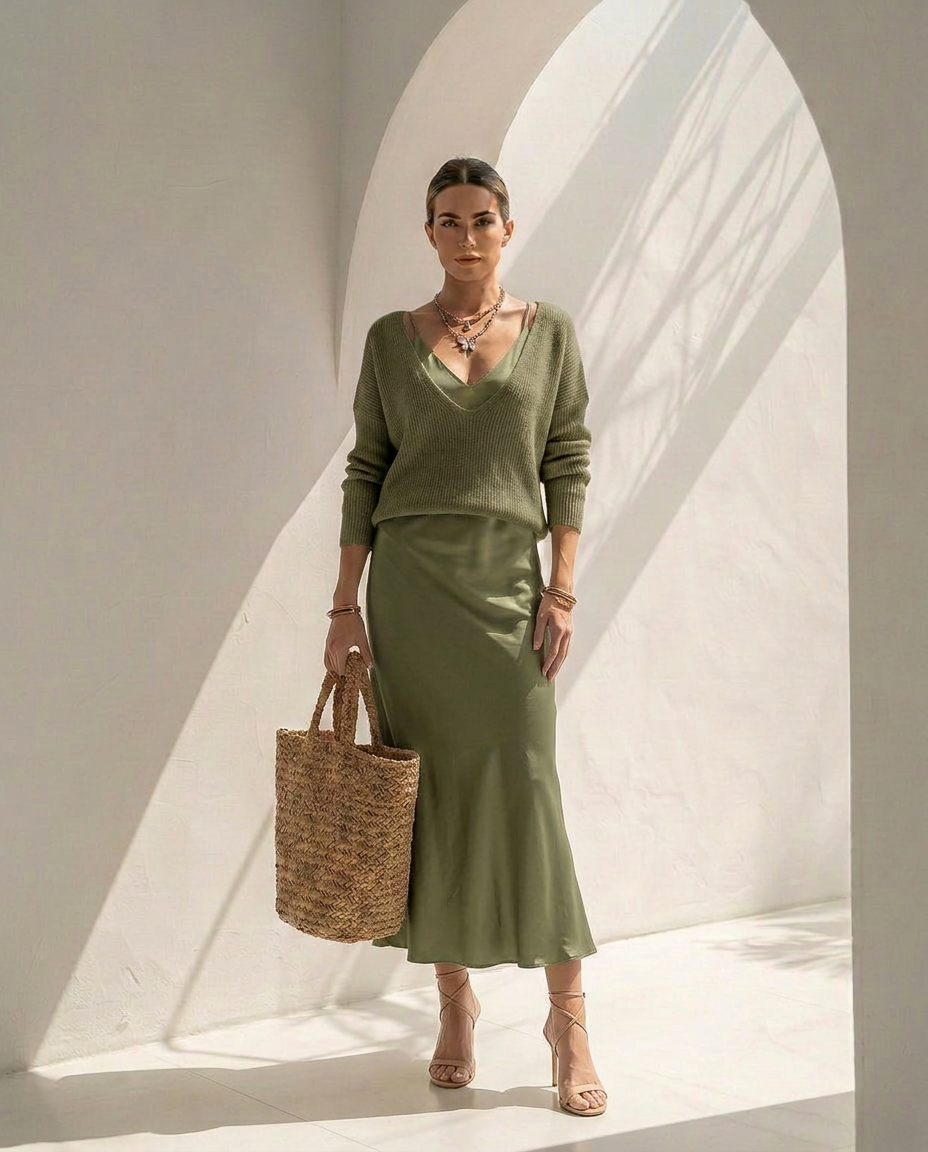 Velaria · Vestido midi de satén con jersey coordinado