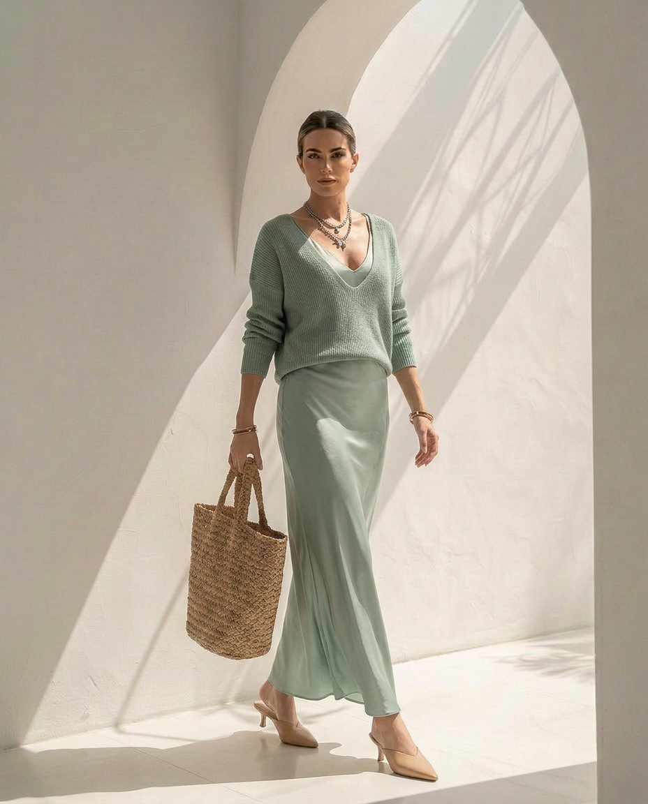 Velaria · Vestido midi de satén con jersey coordinado