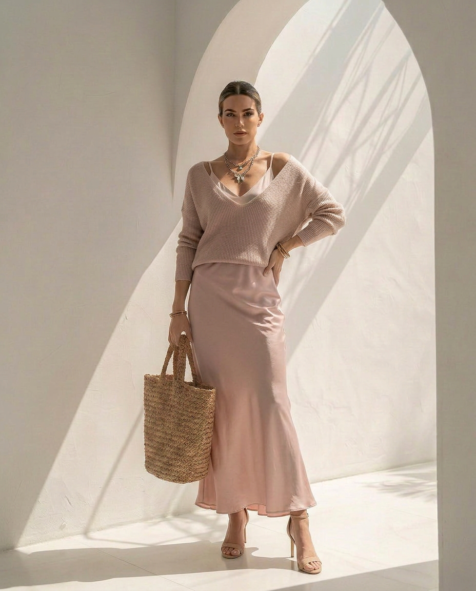 Velaria · Vestido midi de satén con jersey coordinado