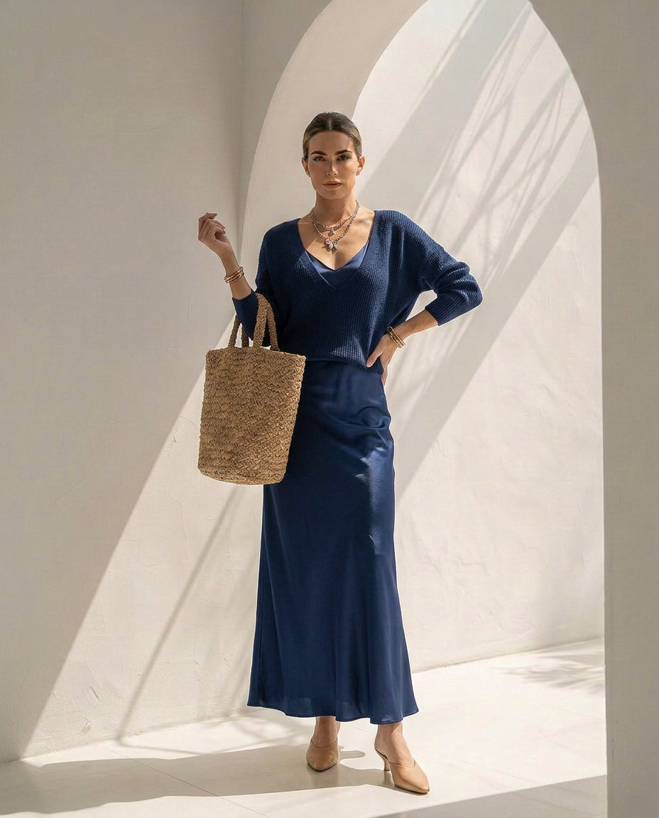 Velaria · Vestido midi de satén con jersey coordinado