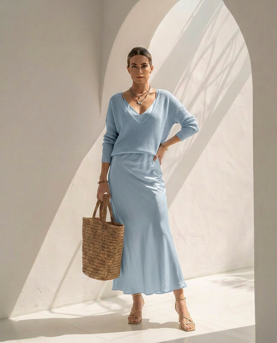 Velaria · Vestido midi de satén con jersey coordinado