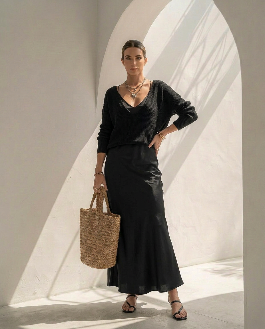 Velaria · Vestido midi de satén con jersey coordinado