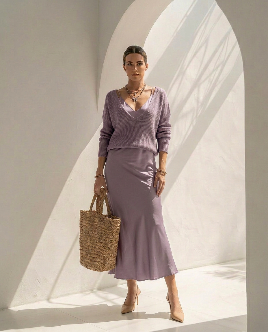 Velaria · Vestido midi de satén con jersey coordinado