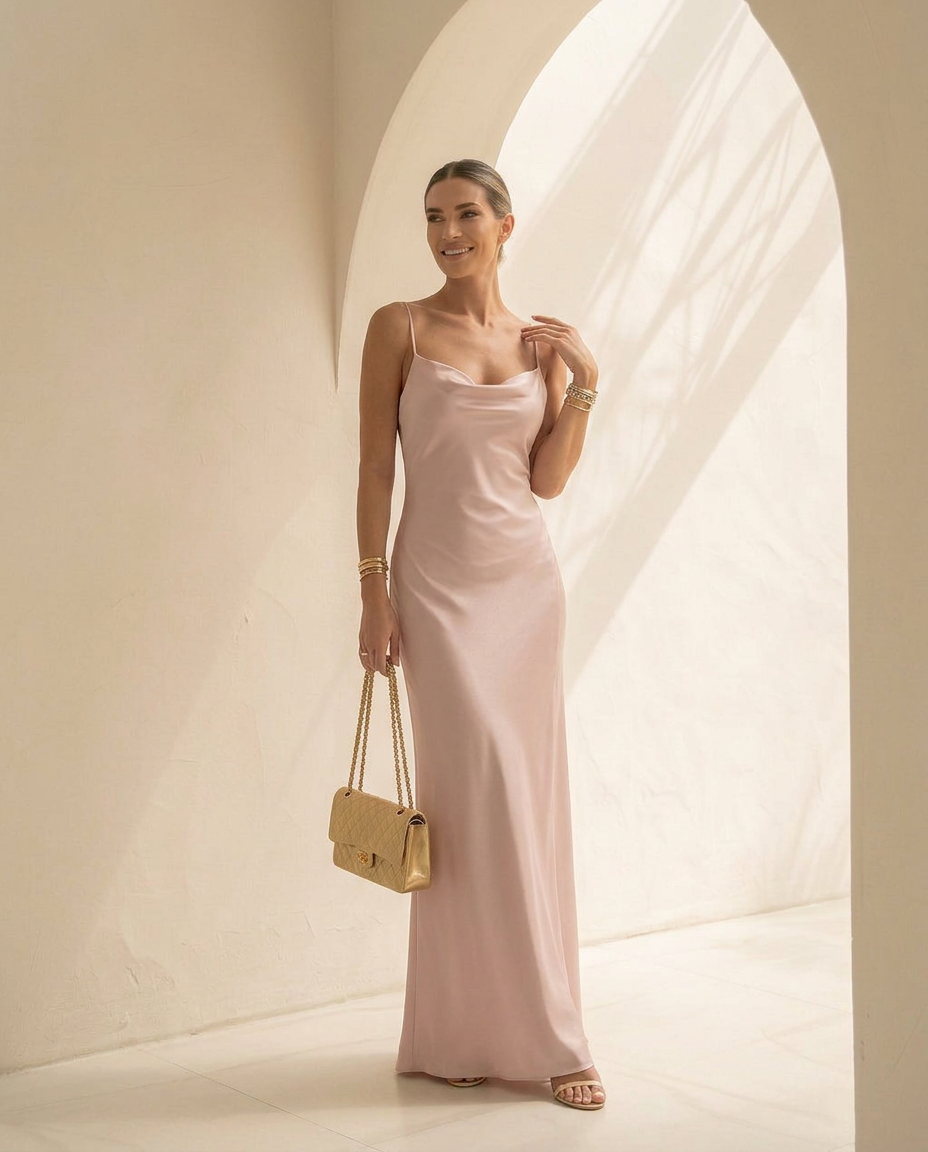 Aurelia · Vestido maxi drapeado