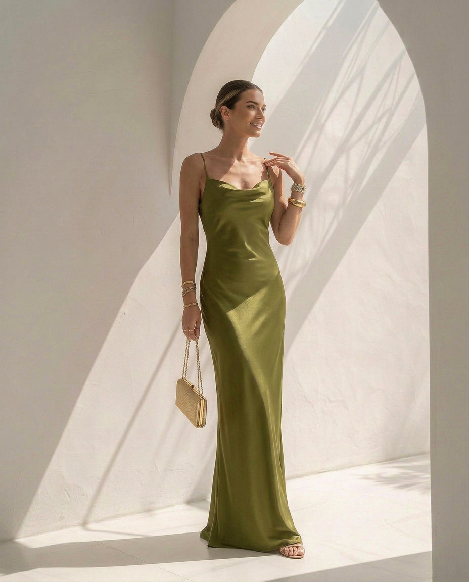 Aurelia · Vestido maxi drapeado